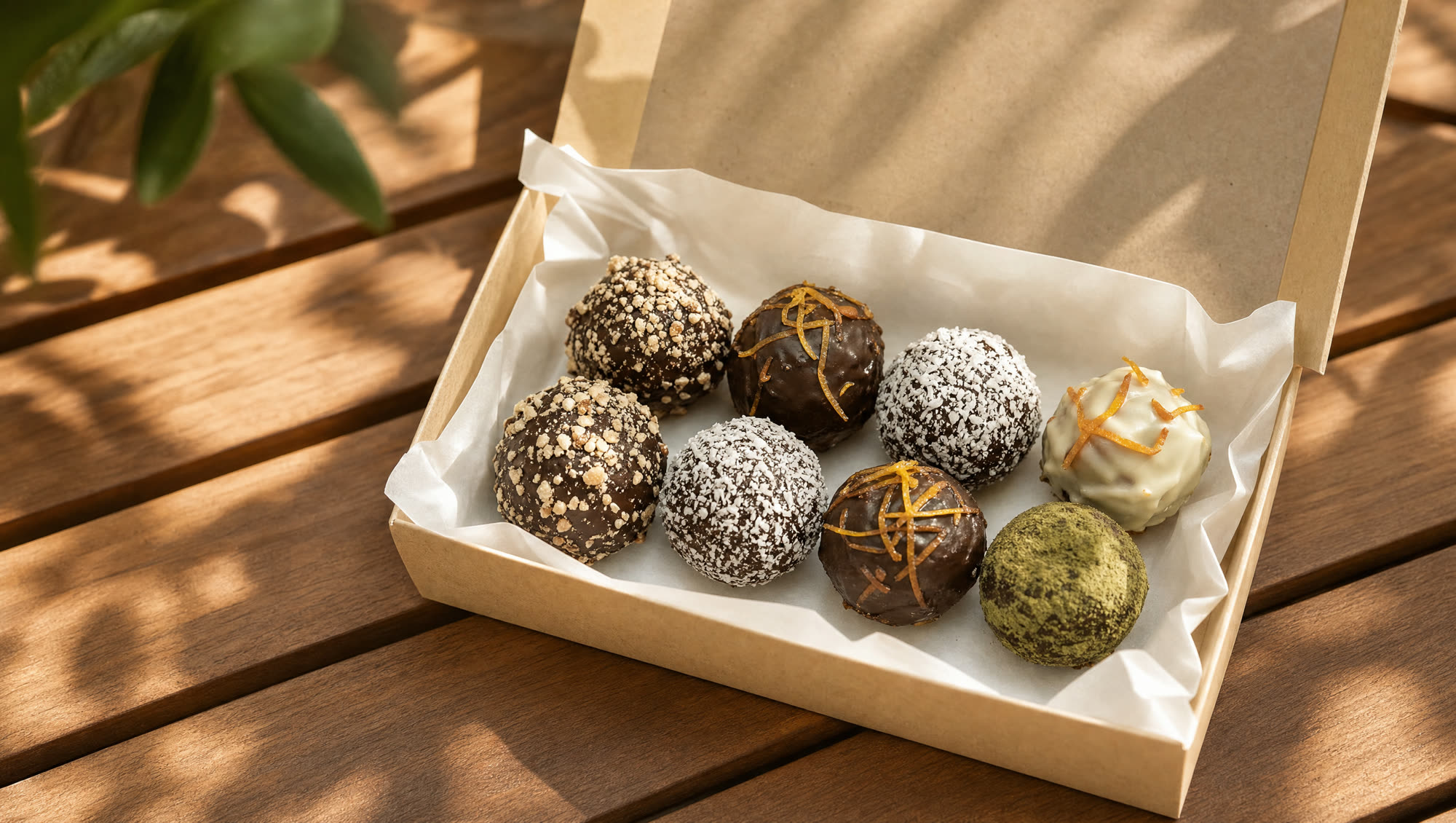 Open kraft cadeaudoosje met acht truffels in verschillende afwerkingen op een houten tafel in gevlekt zonlicht