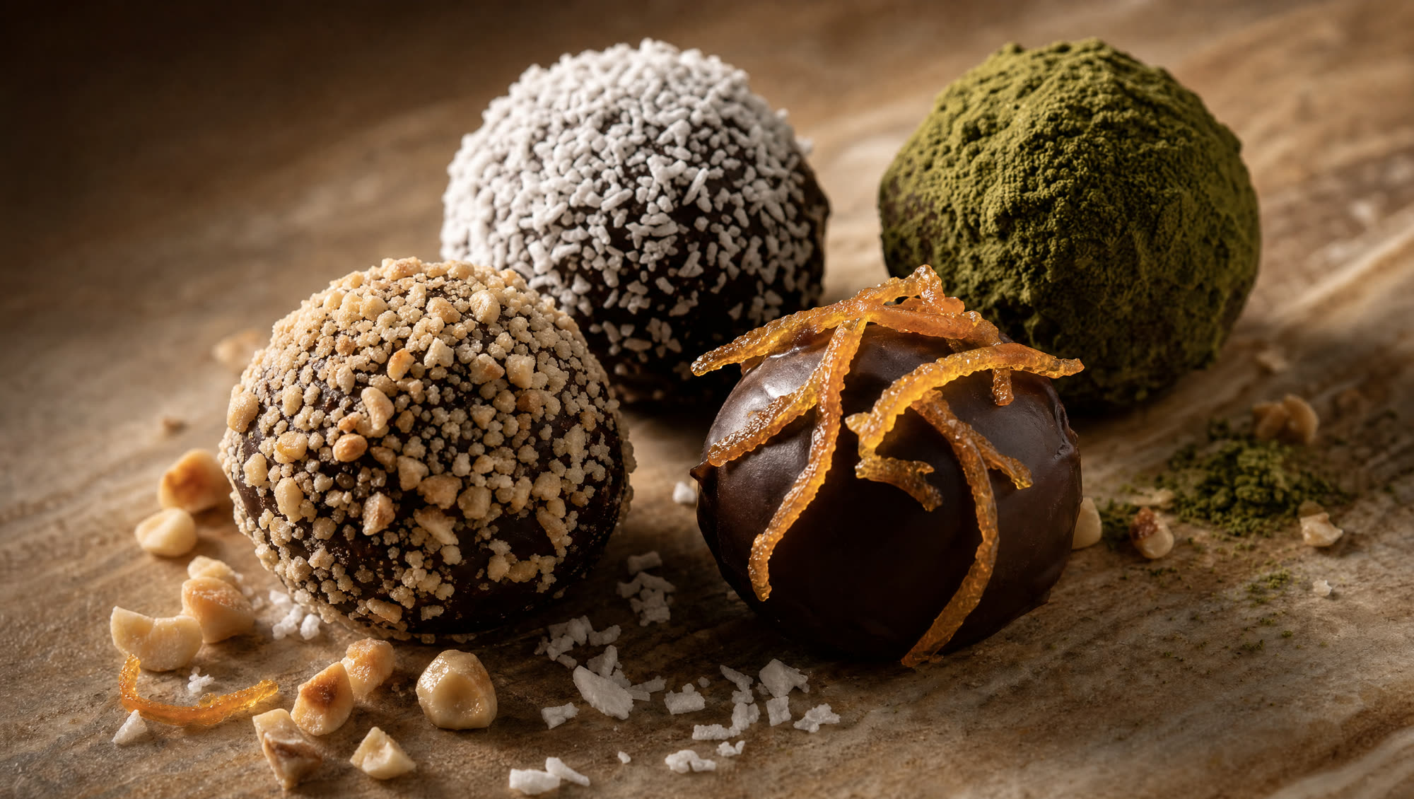 Vier truffels van dichtbij op warm geolied hout: hazelnootcrunch, kokos, gekonfijte sinaasappelschil en matcha
