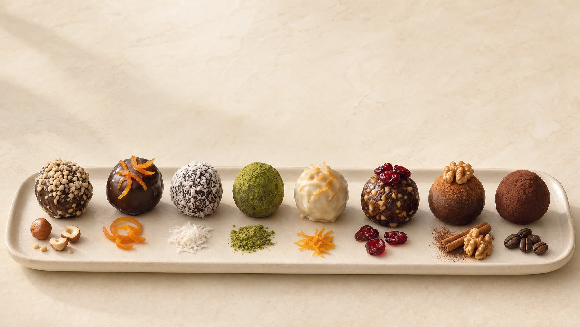De acht Datelier-truffels op een rij op een crèmekleurige keramische schaal, elk met zijn eigen ingrediënt ernaast